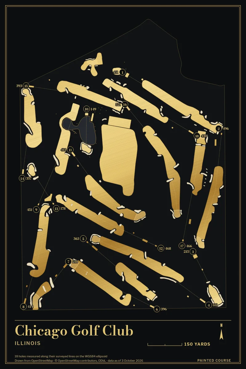 Chicago Golf Club, Illinois, USA, drawn in the Gilt style from its OpenStreetMap survey: 18 holes, each numbered at its tee with its measured yards beside it.