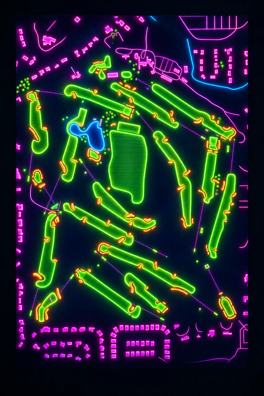 Chicago Golf Club, Illinois, USA, seen from above and painted in the Neon manner: the routing of its 18 holes, its greens and its bunkers, in paint.
