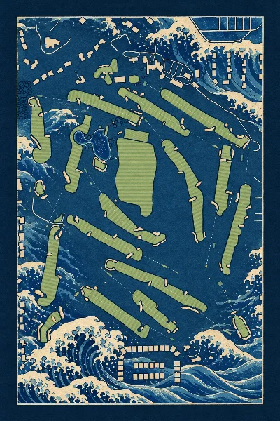 Chicago Golf Club, Illinois, USA, drawn in the Gilt style from its OpenStreetMap survey: 18 holes, each numbered at its tee with its measured yards beside it.
