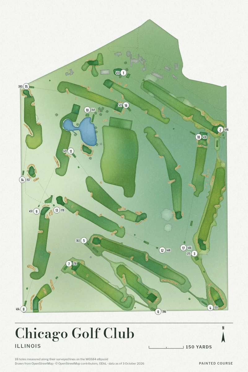 Chicago Golf Club, Illinois, USA, drawn in the Watercolour style from its OpenStreetMap survey: 18 holes, each numbered at its tee with its measured yards beside it.