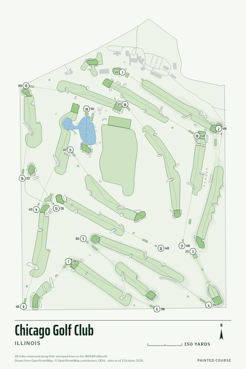 Chicago Golf Club, Illinois, USA, drawn in the Yardage style from its OpenStreetMap survey: 18 holes, each numbered at its tee with its measured yards beside it.