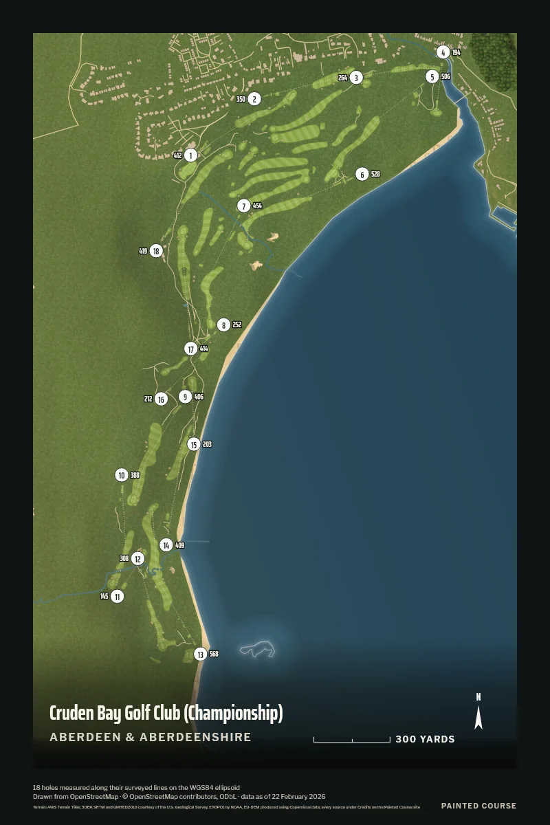 Cruden Bay Golf Club (Championship), Aberdeen & Aberdeenshire, Scotland, drawn in the Aerial style from its OpenStreetMap survey: 18 holes, each numbered at its tee with its measured yards beside it.