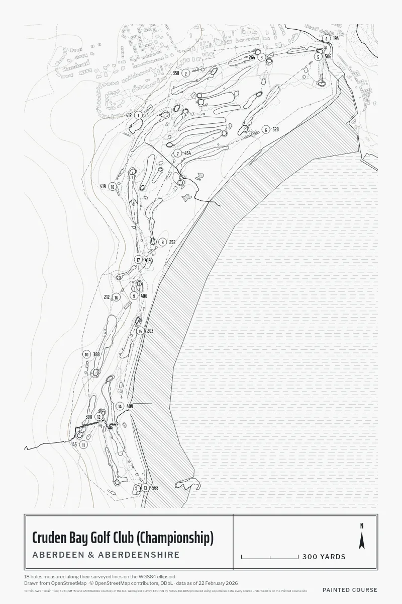 Cruden Bay Golf Club (Championship), Aberdeen & Aberdeenshire, Scotland, drawn in the Architect style from its OpenStreetMap survey: 18 holes, each numbered at its tee with its measured yards beside it.