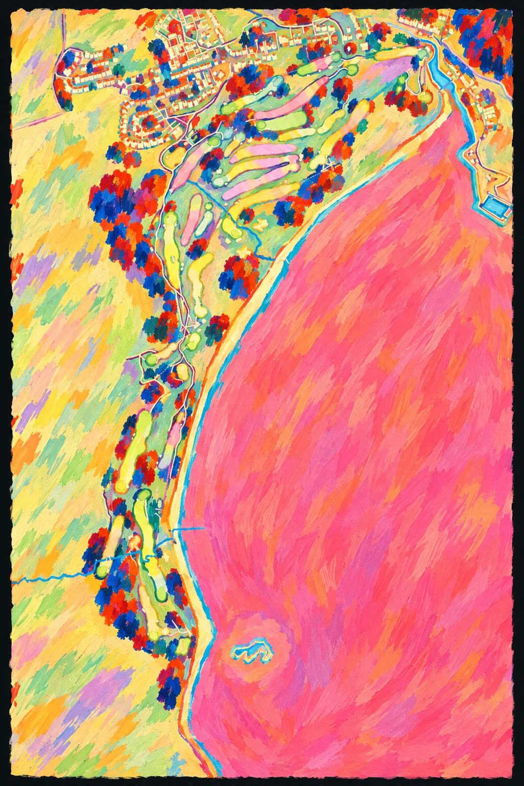 Cruden Bay Golf Club (Championship), Aberdeen & Aberdeenshire, Scotland, seen from above and painted in the Fauve manner after the Fauves of 1905: the routing of its 18 holes, its greens and its bunkers, in paint.