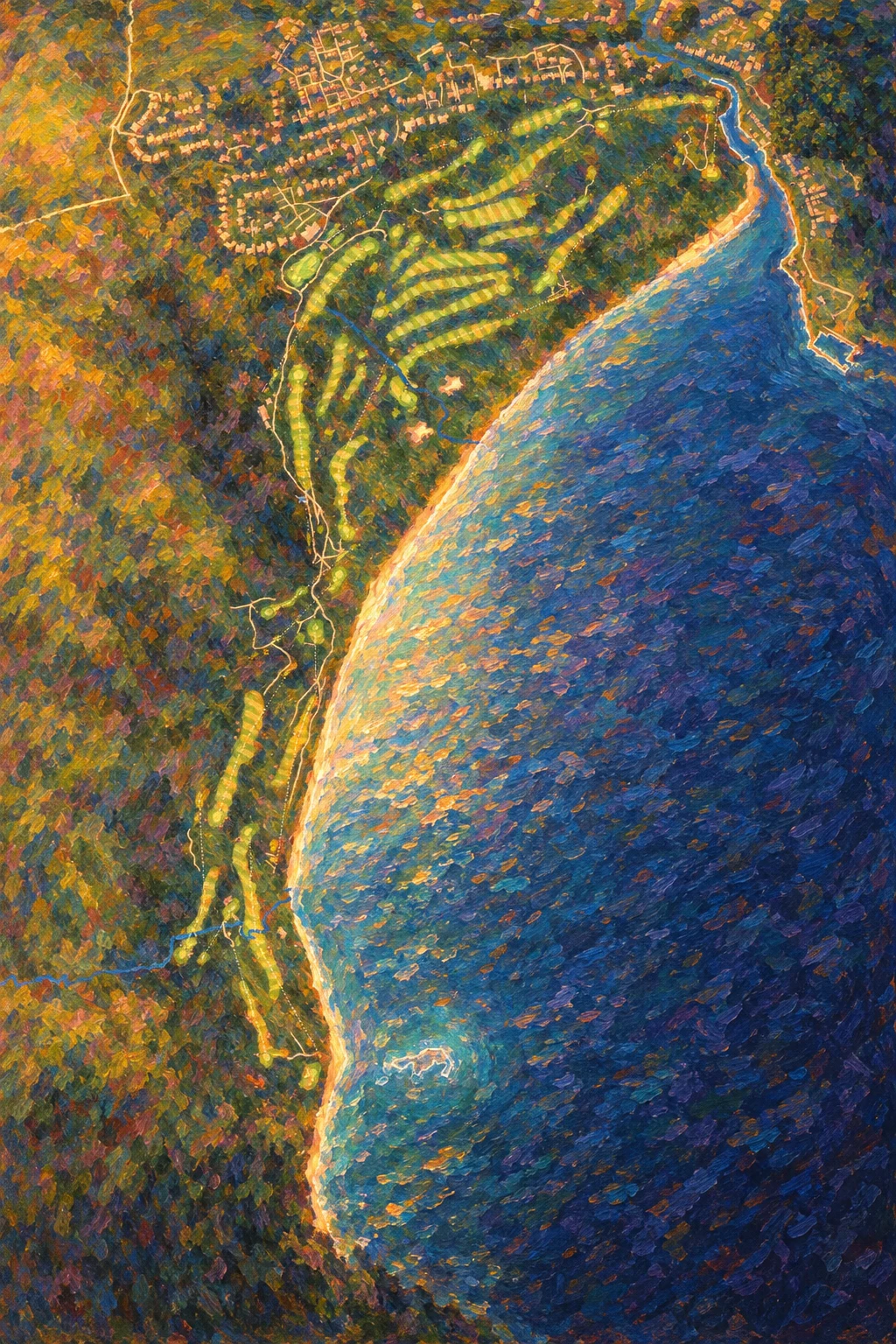 Cruden Bay Golf Club (Championship), Aberdeen & Aberdeenshire, Scotland, seen from above and painted in the Impressionist manner after Claude Monet: the routing of its 18 holes, its greens and its bunkers, in paint.