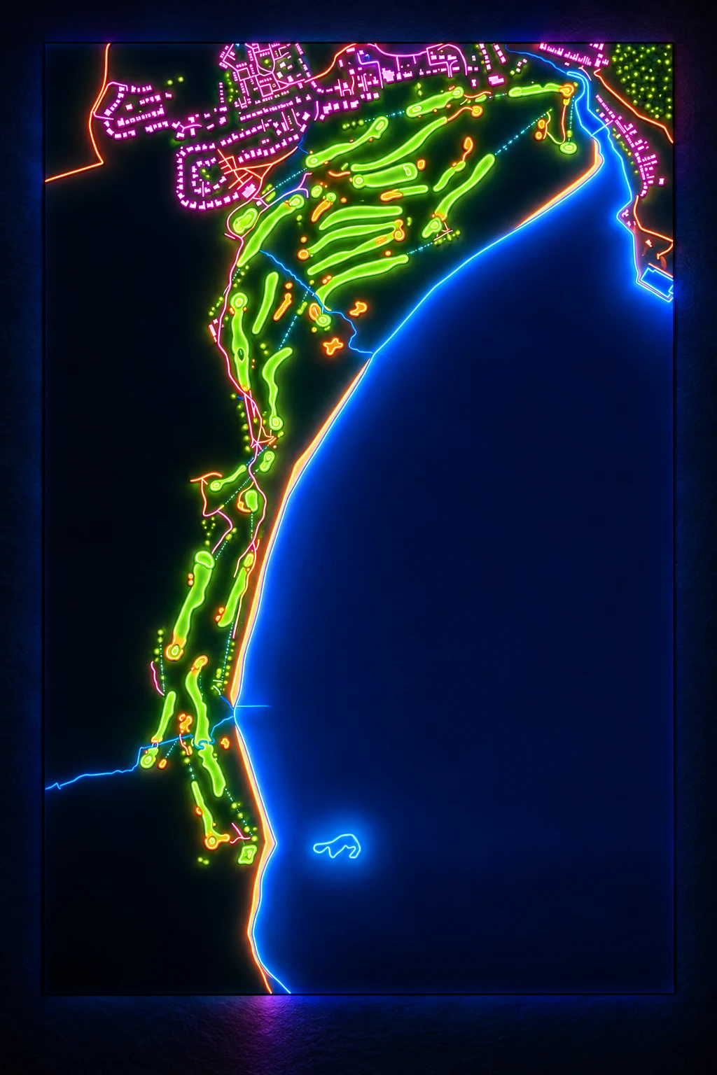 Cruden Bay Golf Club (Championship), Aberdeen & Aberdeenshire, Scotland, seen from above and painted in the Neon manner: the routing of its 18 holes, its greens and its bunkers, in paint.