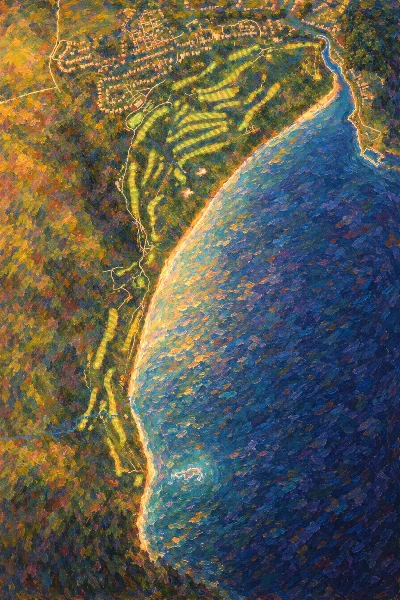 Cruden Bay Golf Club (Championship), Aberdeen & Aberdeenshire, Scotland, drawn in the Gilt style from its OpenStreetMap survey: 18 holes, each numbered at its tee with its measured yards beside it.