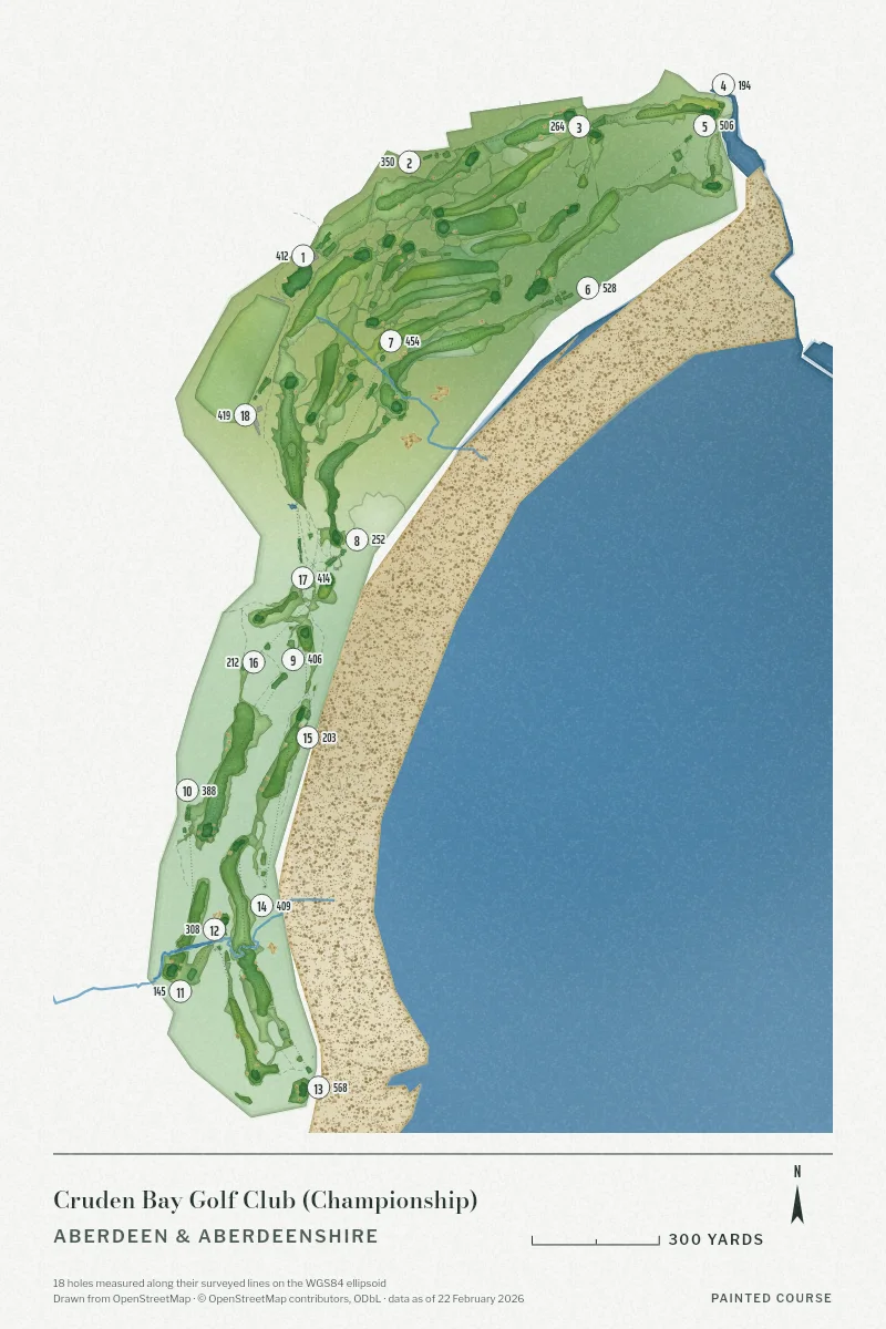 Cruden Bay Golf Club (Championship), Aberdeen & Aberdeenshire, Scotland, drawn in the Watercolour style from its OpenStreetMap survey: 18 holes, each numbered at its tee with its measured yards beside it.