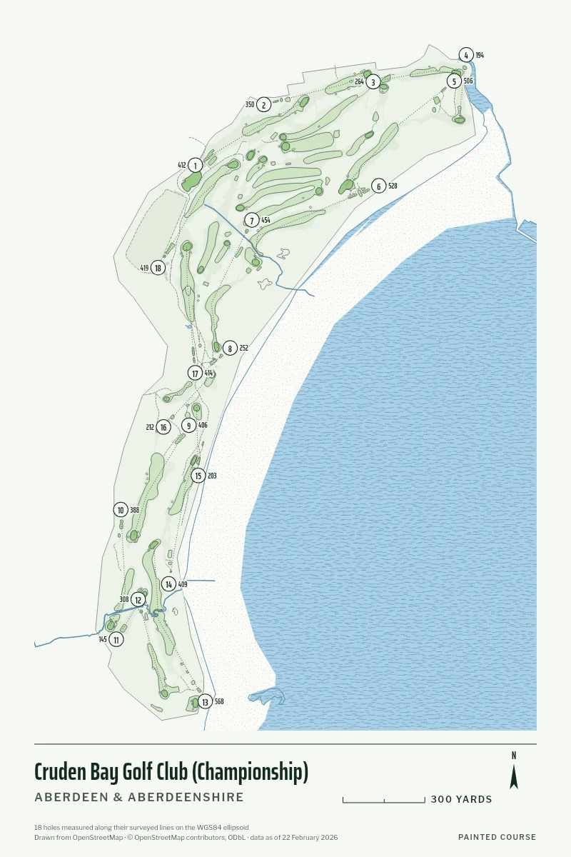 Cruden Bay Golf Club (Championship), Aberdeen & Aberdeenshire, Scotland, drawn in the Yardage style from its OpenStreetMap survey: 18 holes, each numbered at its tee with its measured yards beside it.