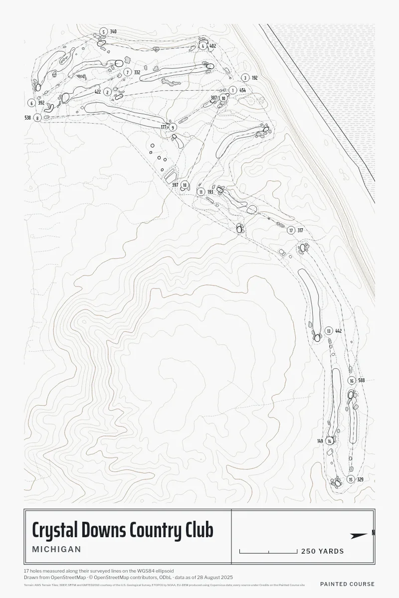Crystal Downs Country Club, Michigan, USA, drawn in the Architect style from its OpenStreetMap survey: 17 holes, each numbered at its tee with its measured yards beside it.