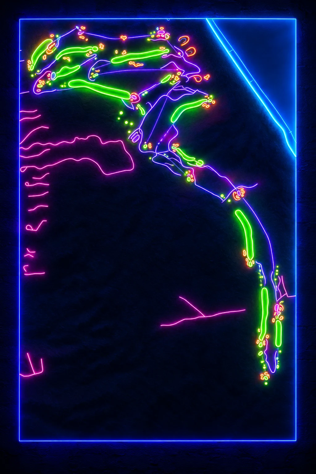 Crystal Downs Country Club, Michigan, USA, seen from above and painted in the Neon manner: the routing of its 17 holes, its greens and its bunkers, in paint.