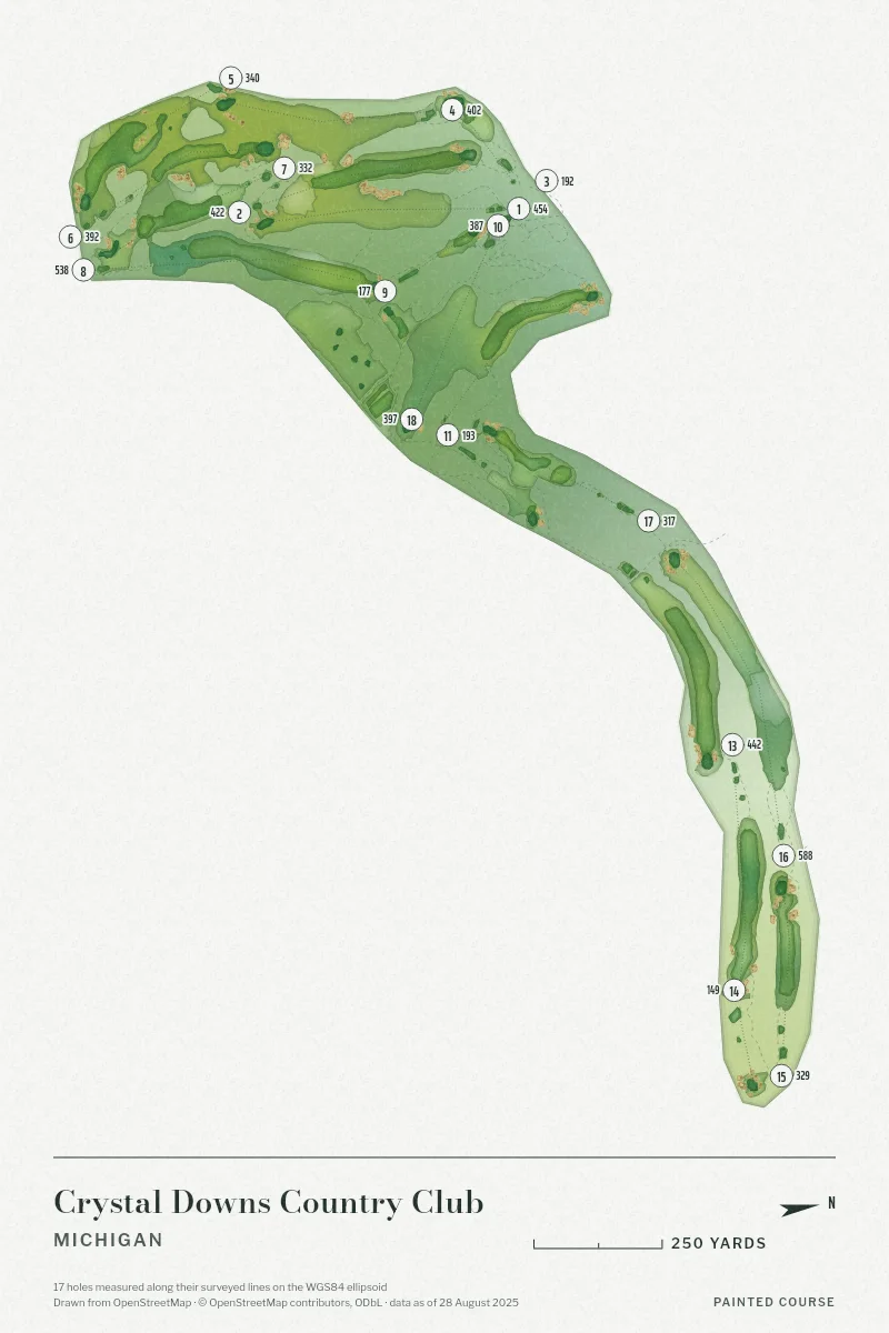Crystal Downs Country Club, Michigan, USA, drawn in the Watercolour style from its OpenStreetMap survey: 17 holes, each numbered at its tee with its measured yards beside it.