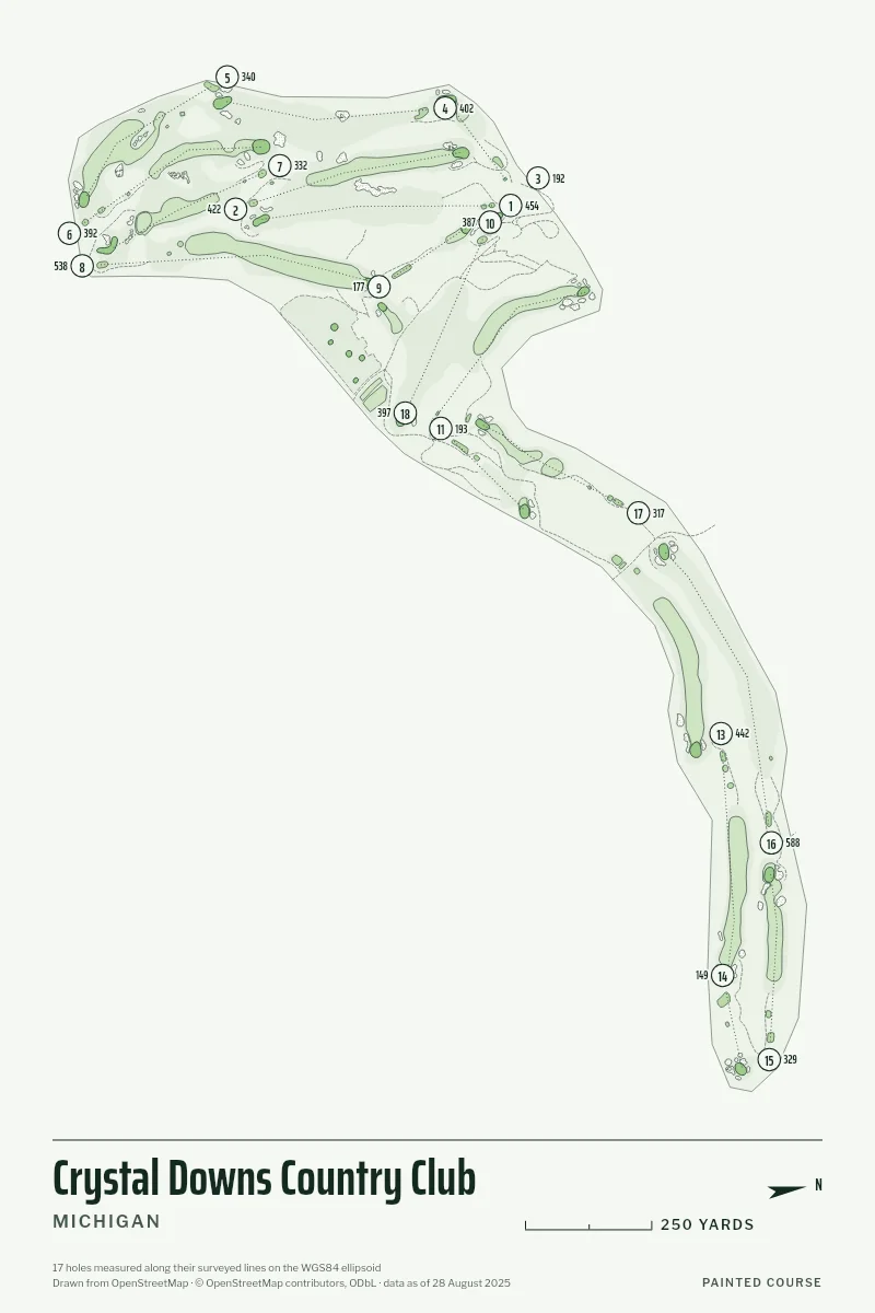 Crystal Downs Country Club, Michigan, USA, drawn in the Yardage style from its OpenStreetMap survey: 17 holes, each numbered at its tee with its measured yards beside it.