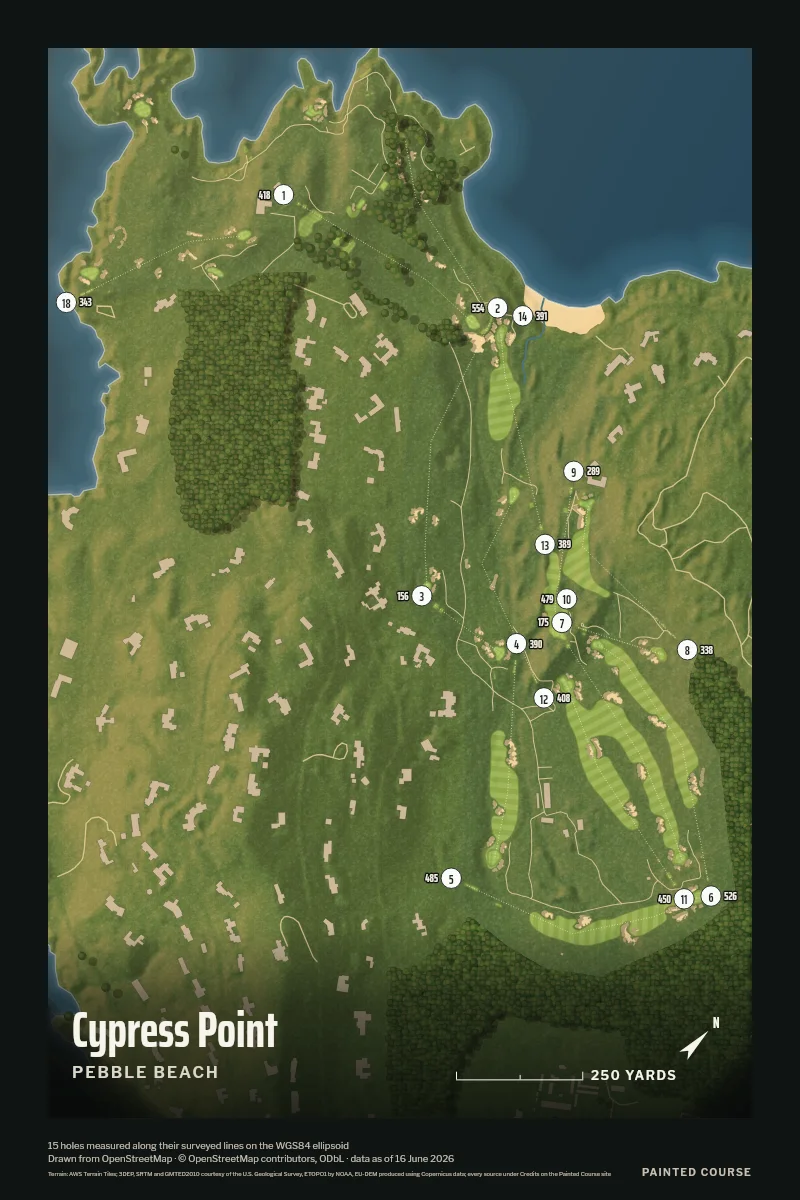 Cypress Point, Pebble Beach, California, USA, drawn in the Aerial style from its OpenStreetMap survey: 15 holes, each numbered at its tee with its measured yards beside it.