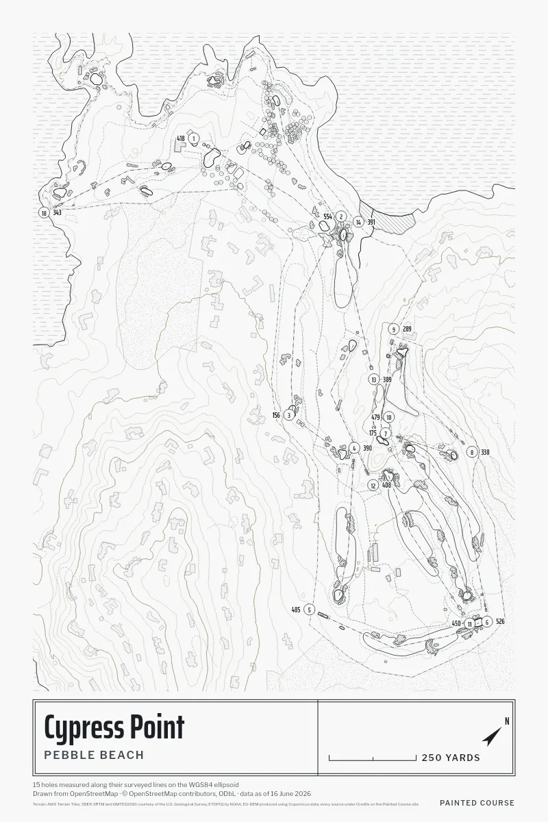 Cypress Point, Pebble Beach, California, USA, drawn in the Architect style from its OpenStreetMap survey: 15 holes, each numbered at its tee with its measured yards beside it.