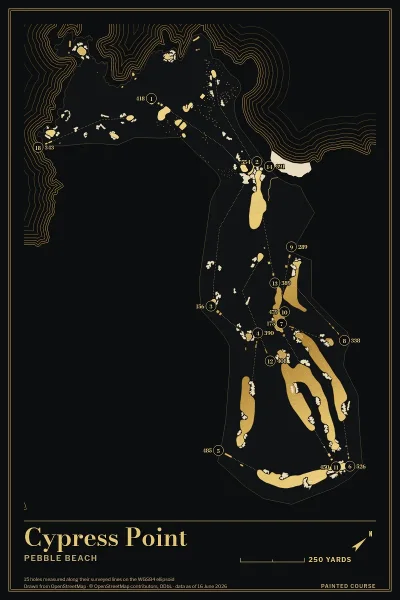 Cypress Point, Pebble Beach, California, USA, drawn in the Gilt style from its OpenStreetMap survey: 15 holes, each numbered at its tee with its measured yards beside it.