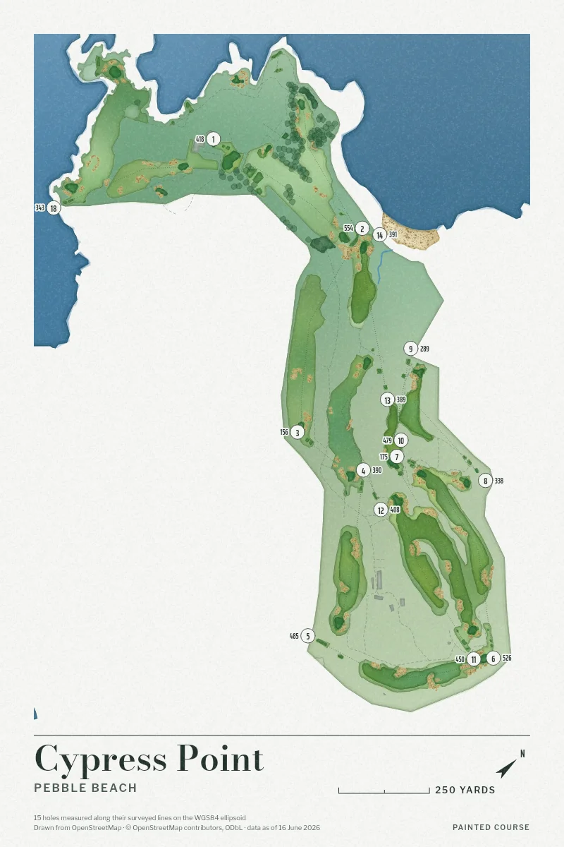 Cypress Point, Pebble Beach, California, USA, drawn in the Watercolour style from its OpenStreetMap survey: 15 holes, each numbered at its tee with its measured yards beside it.