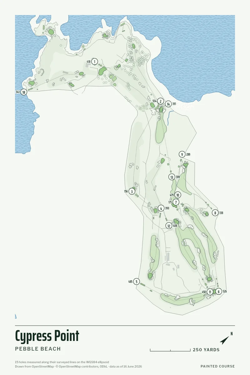Cypress Point, Pebble Beach, California, USA, drawn in the Yardage style from its OpenStreetMap survey: 15 holes, each numbered at its tee with its measured yards beside it.