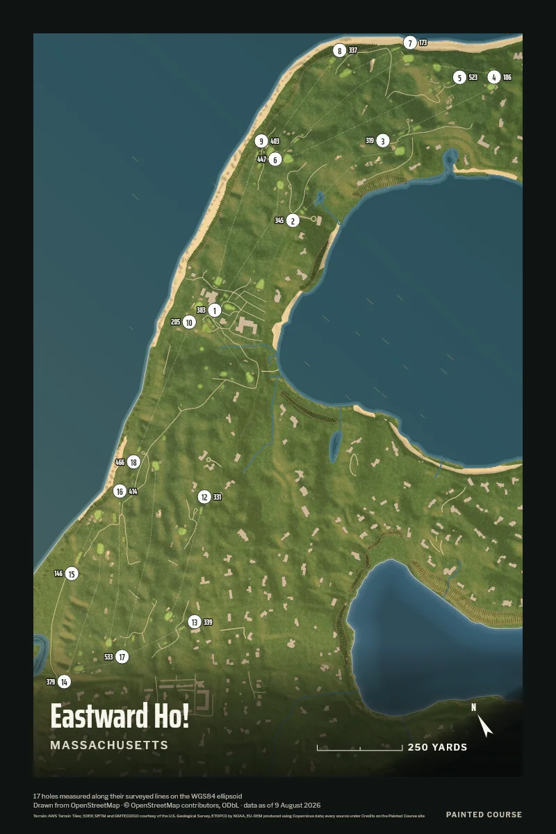 Eastward Ho!, Massachusetts, USA, drawn in the Aerial style from its OpenStreetMap survey: 17 holes, each numbered at its tee with its measured yards beside it.