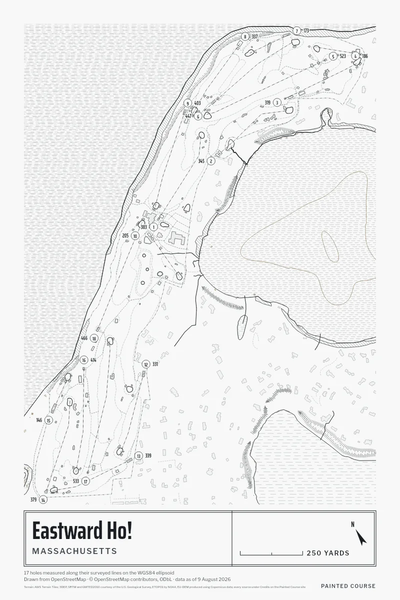 Eastward Ho!, Massachusetts, USA, drawn in the Architect style from its OpenStreetMap survey: 17 holes, each numbered at its tee with its measured yards beside it.