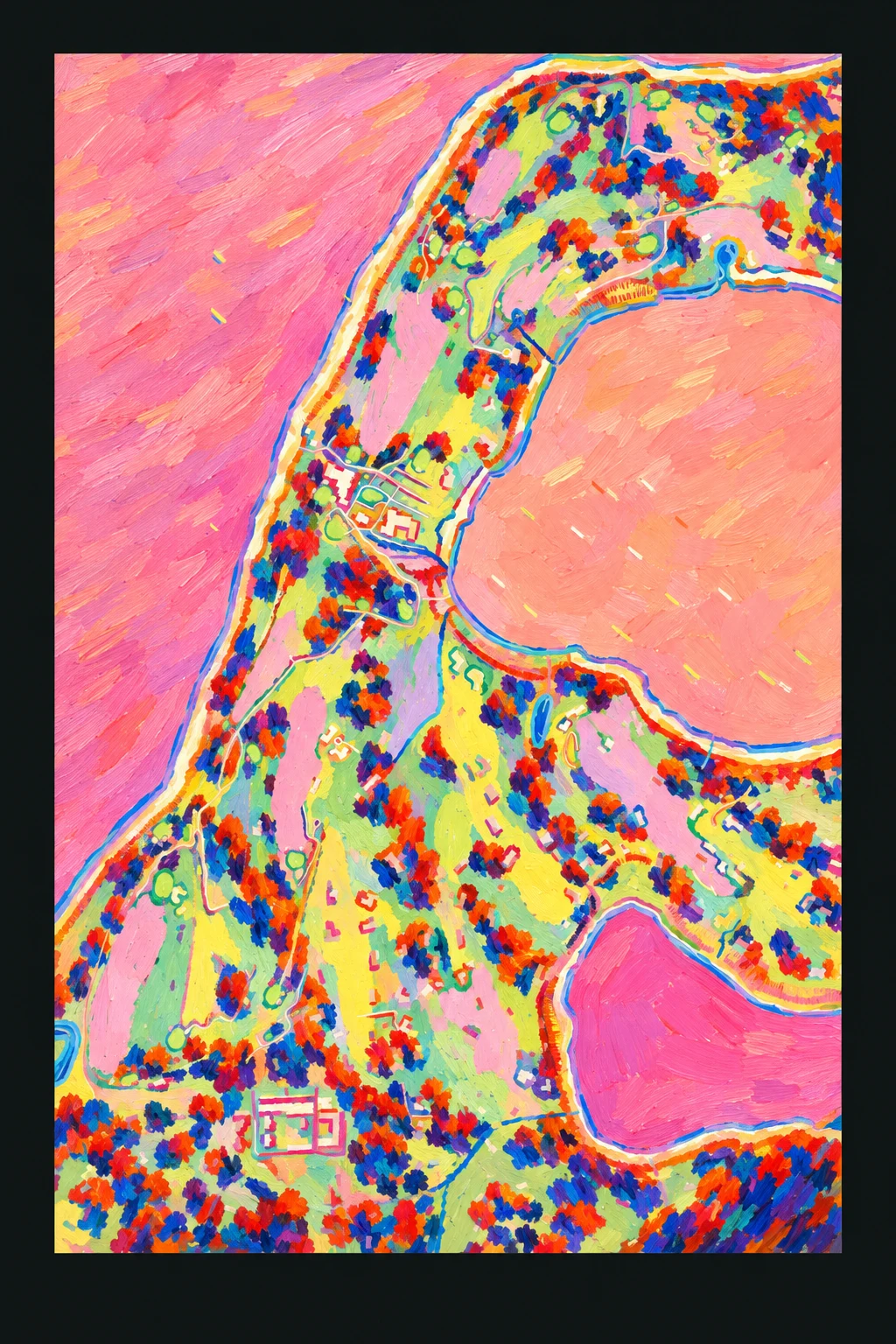 Eastward Ho!, Massachusetts, USA, seen from above and painted in the Fauve manner after the Fauves of 1905: the routing of its 17 holes, its greens and its bunkers, in paint.