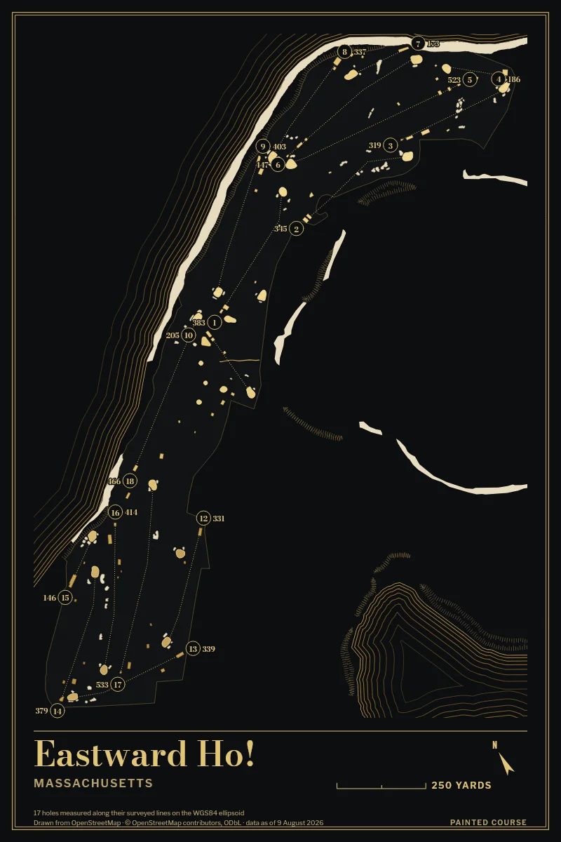 Eastward Ho!, Massachusetts, USA, drawn in the Gilt style from its OpenStreetMap survey: 17 holes, each numbered at its tee with its measured yards beside it.