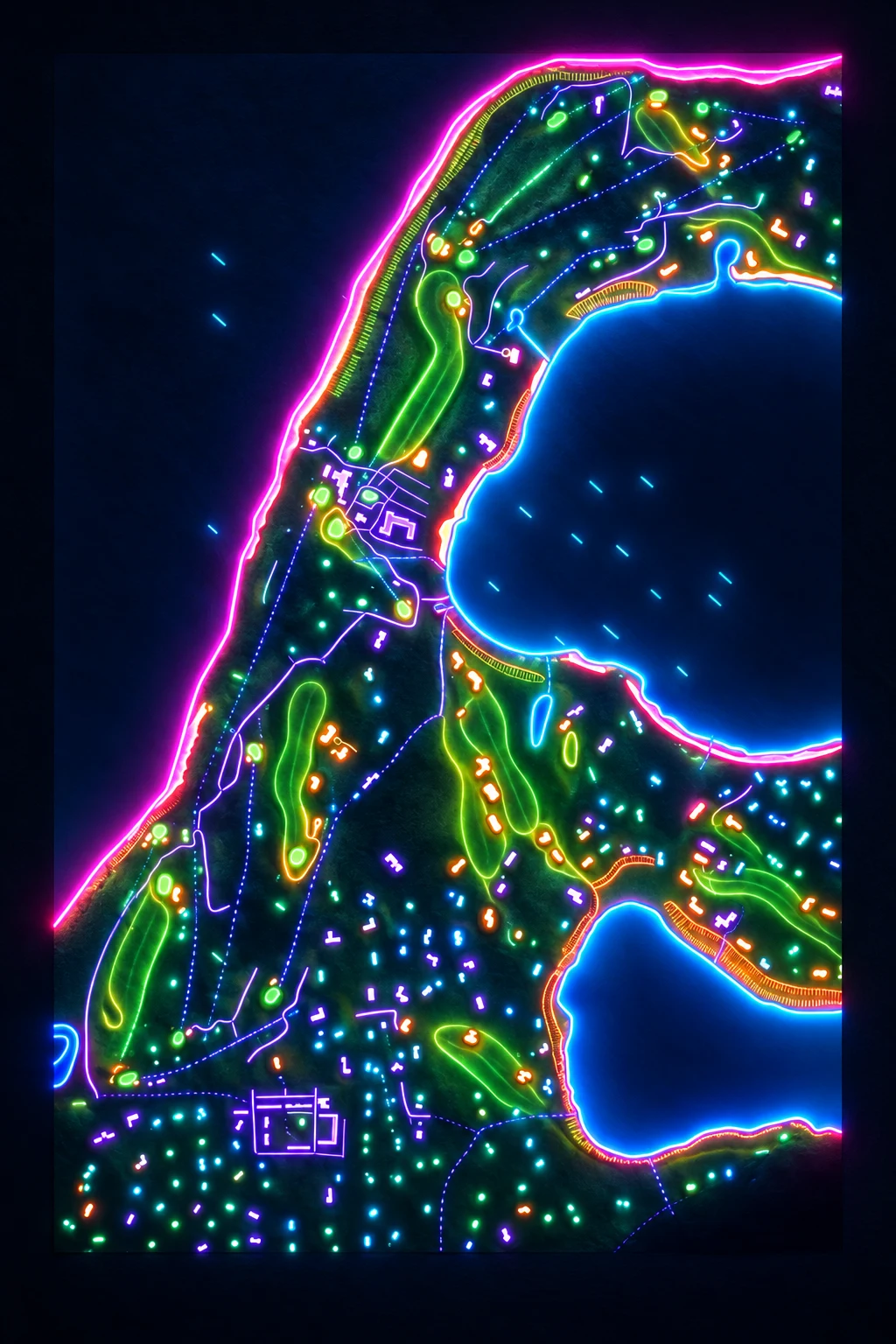 Eastward Ho!, Massachusetts, USA, seen from above and painted in the Neon manner: the routing of its 17 holes, its greens and its bunkers, in paint.