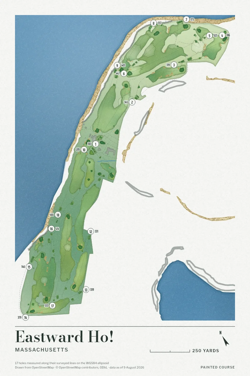Eastward Ho!, Massachusetts, USA, drawn in the Watercolour style from its OpenStreetMap survey: 17 holes, each numbered at its tee with its measured yards beside it.