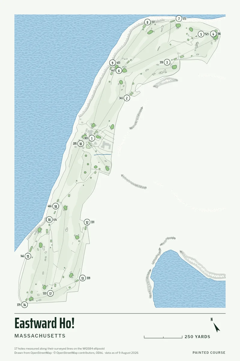 Eastward Ho!, Massachusetts, USA, drawn in the Yardage style from its OpenStreetMap survey: 17 holes, each numbered at its tee with its measured yards beside it.
