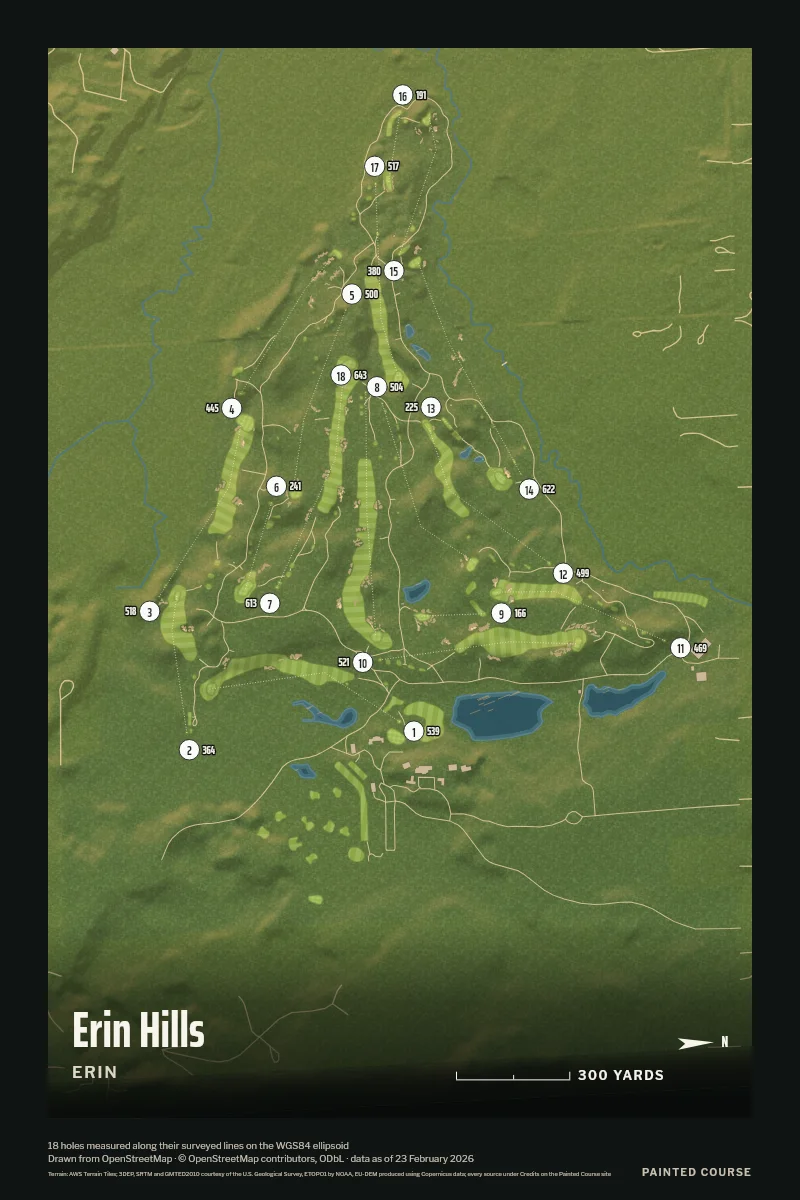Erin Hills, Erin, Wisconsin, USA, drawn in the Aerial style from its OpenStreetMap survey: 18 holes, each numbered at its tee with its measured yards beside it.