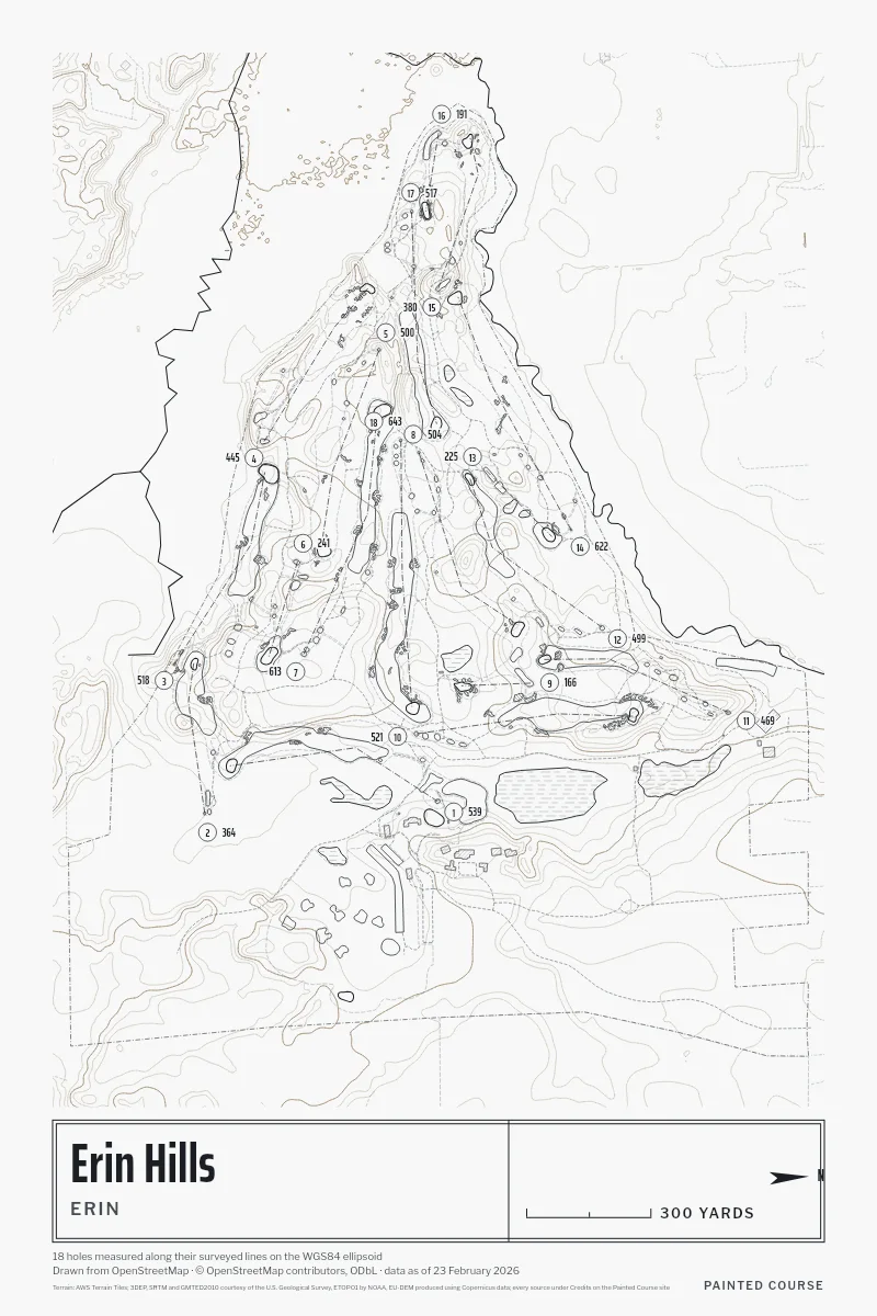 Erin Hills, Erin, Wisconsin, USA, drawn in the Architect style from its OpenStreetMap survey: 18 holes, each numbered at its tee with its measured yards beside it.