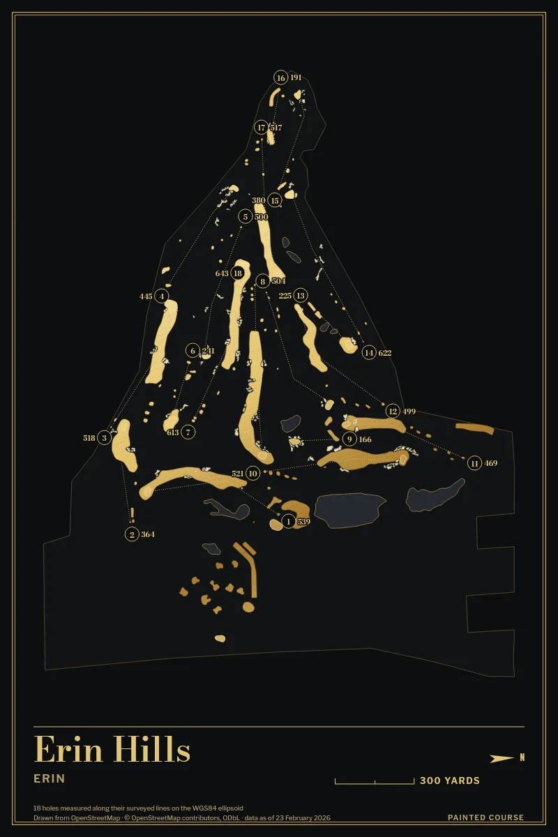 Erin Hills, Erin, Wisconsin, USA, drawn in the Gilt style from its OpenStreetMap survey: 18 holes, each numbered at its tee with its measured yards beside it.