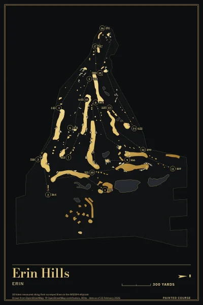 Erin Hills, Erin, Wisconsin, USA, drawn in the Gilt style from its OpenStreetMap survey: 18 holes, each numbered at its tee with its measured yards beside it.