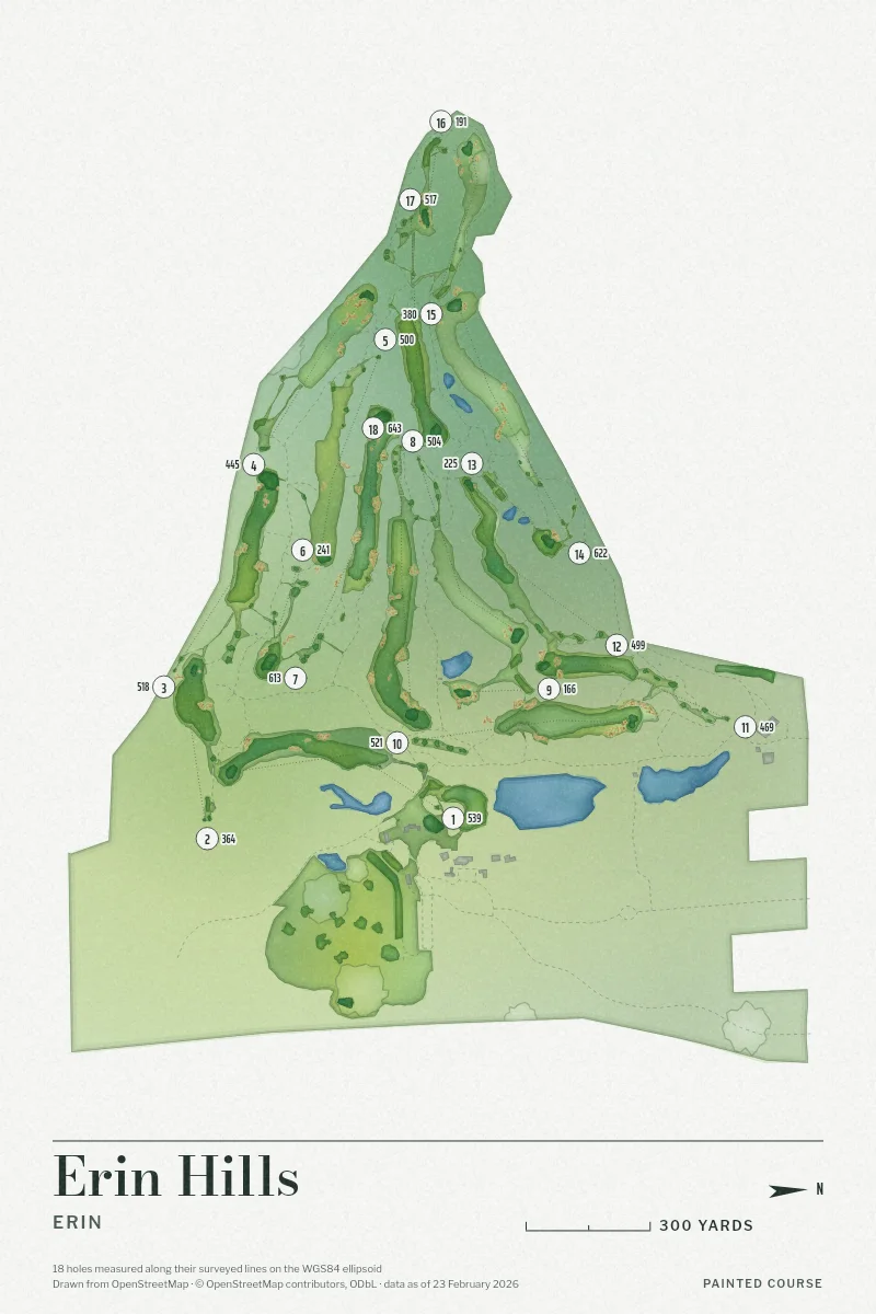 Erin Hills, Erin, Wisconsin, USA, drawn in the Watercolour style from its OpenStreetMap survey: 18 holes, each numbered at its tee with its measured yards beside it.