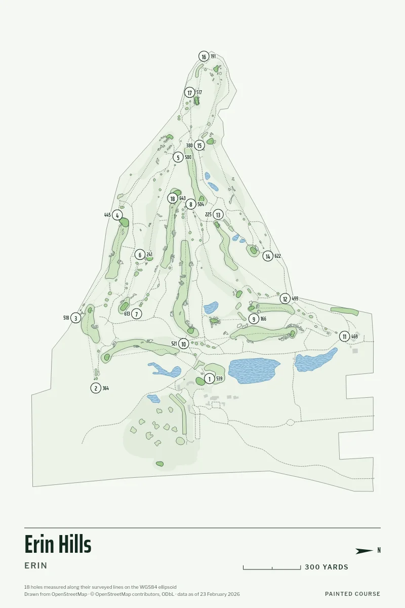 Erin Hills, Erin, Wisconsin, USA, drawn in the Yardage style from its OpenStreetMap survey: 18 holes, each numbered at its tee with its measured yards beside it.