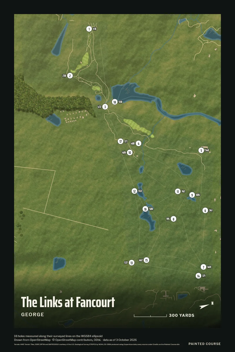 The Links at Fancourt, George, South Africa, drawn in the Aerial style from its OpenStreetMap survey: 18 holes, each numbered at its tee with its measured yards beside it.