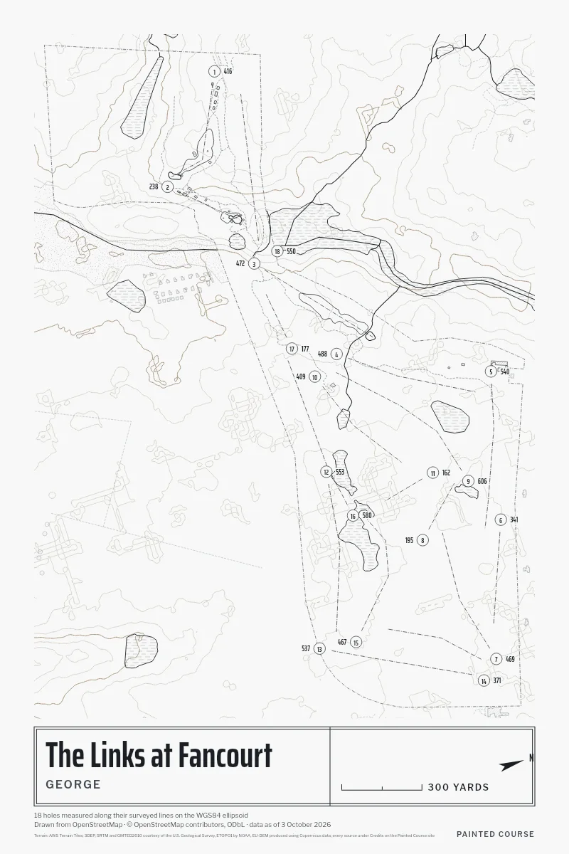 The Links at Fancourt, George, South Africa, drawn in the Architect style from its OpenStreetMap survey: 18 holes, each numbered at its tee with its measured yards beside it.