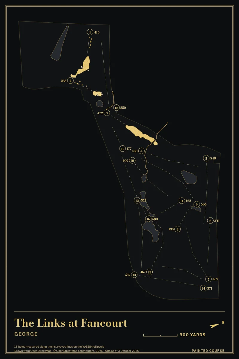 The Links at Fancourt, George, South Africa, drawn in the Gilt style from its OpenStreetMap survey: 18 holes, each numbered at its tee with its measured yards beside it.