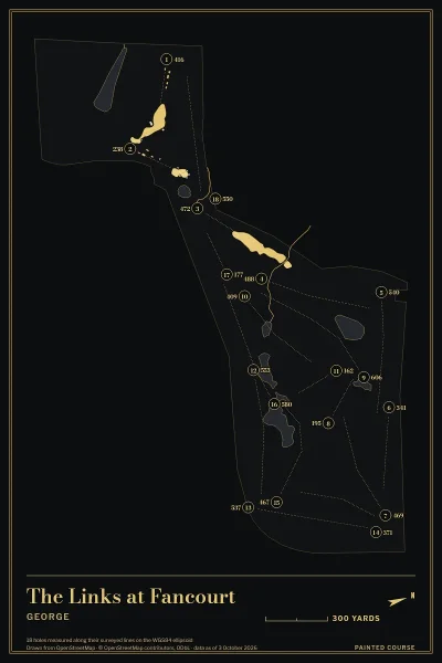 The Links at Fancourt, George, South Africa, drawn in the Gilt style from its OpenStreetMap survey: 18 holes, each numbered at its tee with its measured yards beside it.