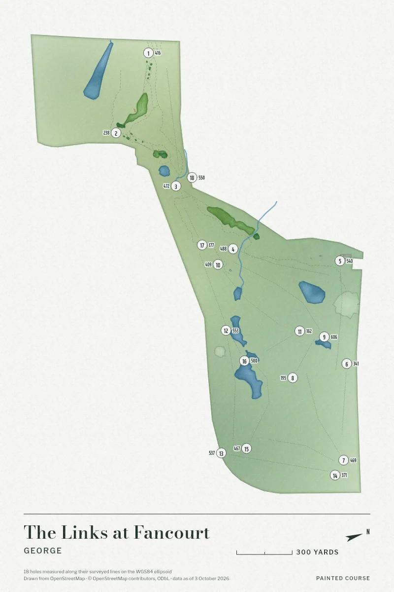 The Links at Fancourt, George, South Africa, drawn in the Watercolour style from its OpenStreetMap survey: 18 holes, each numbered at its tee with its measured yards beside it.