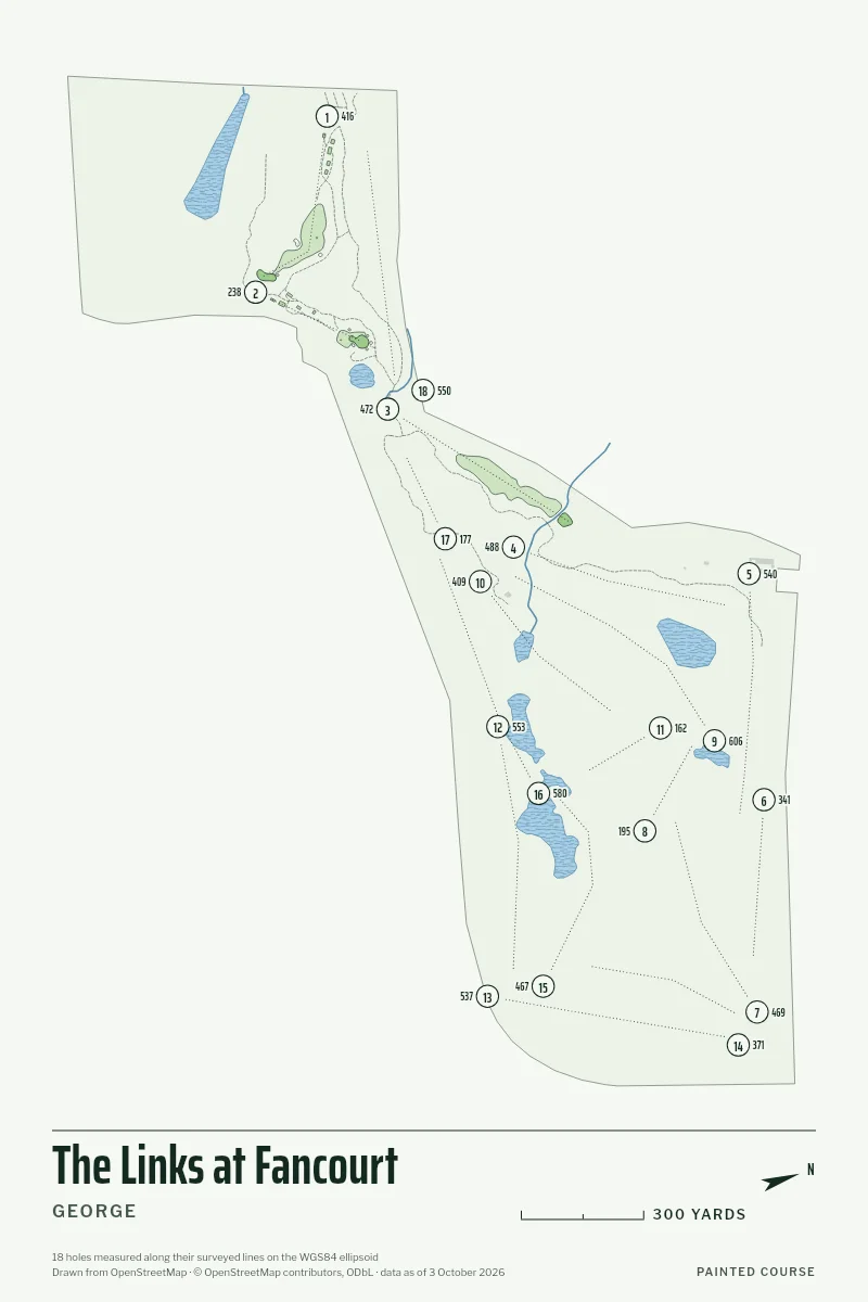 The Links at Fancourt, George, South Africa, drawn in the Yardage style from its OpenStreetMap survey: 18 holes, each numbered at its tee with its measured yards beside it.