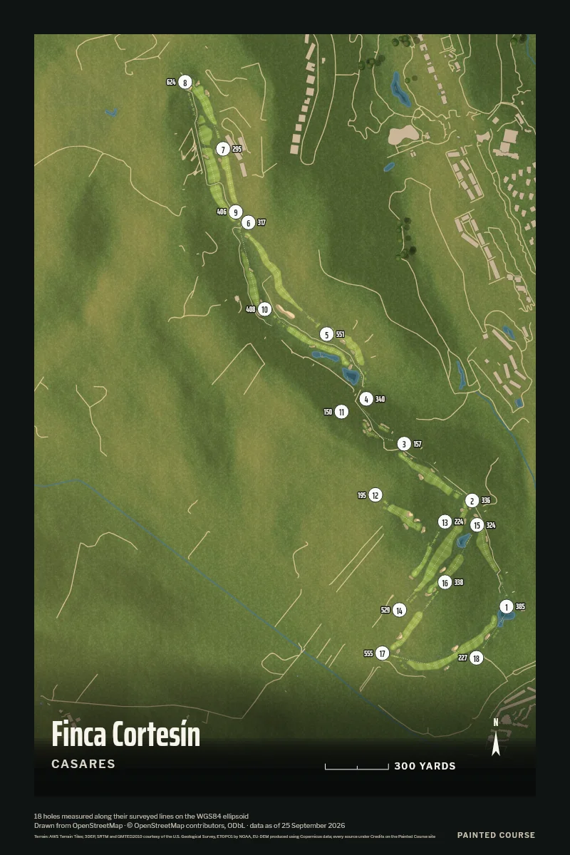 Finca Cortesín, Casares, Spain, drawn in the Aerial style from its OpenStreetMap survey: 18 holes, each numbered at its tee with its measured yards beside it.
