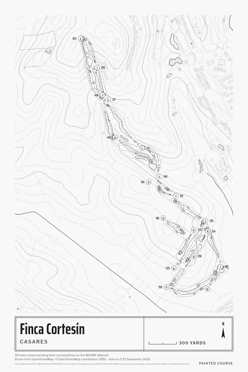Finca Cortesín, Casares, Spain, drawn in the Architect style from its OpenStreetMap survey: 18 holes, each numbered at its tee with its measured yards beside it.