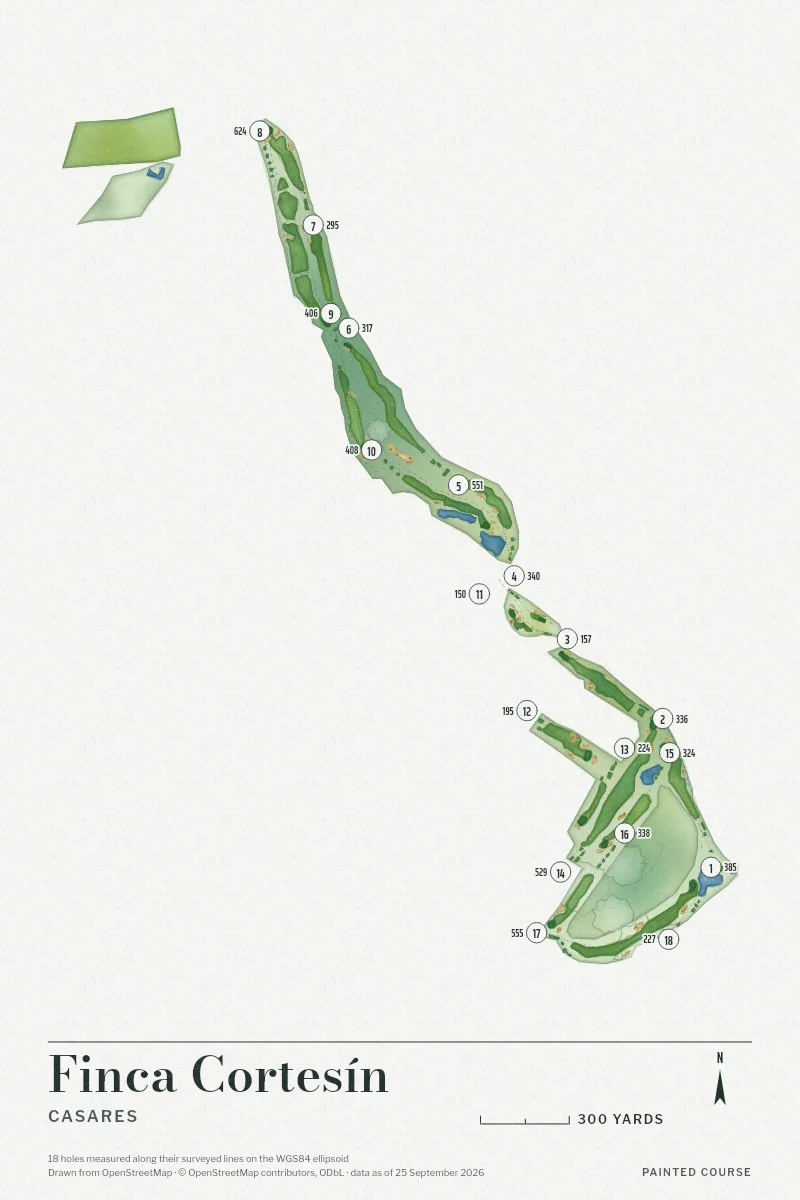 Finca Cortesín, Casares, Spain, drawn in the Watercolour style from its OpenStreetMap survey: 18 holes, each numbered at its tee with its measured yards beside it.