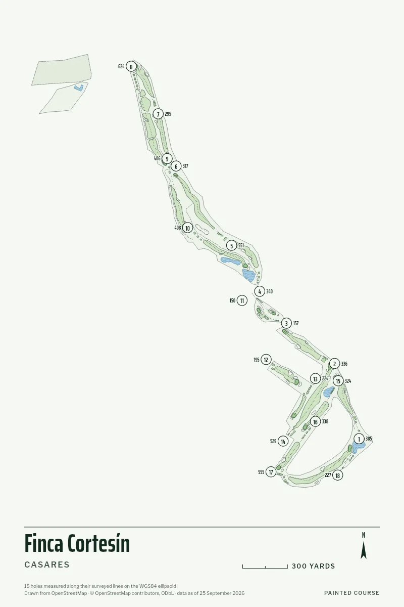 Finca Cortesín, Casares, Spain, drawn in the Yardage style from its OpenStreetMap survey: 18 holes, each numbered at its tee with its measured yards beside it.