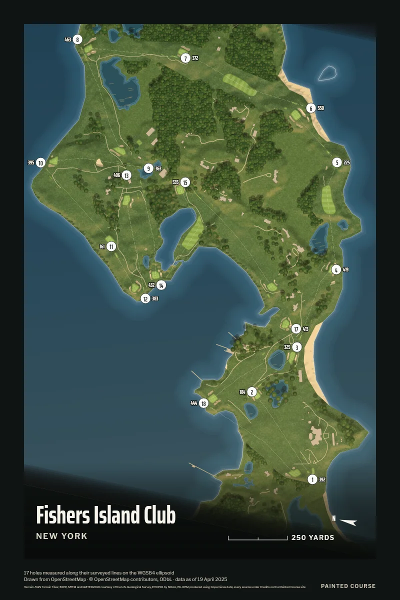 Fishers Island Club, New York, USA, drawn in the Aerial style from its OpenStreetMap survey: 17 holes, each numbered at its tee with its measured yards beside it.
