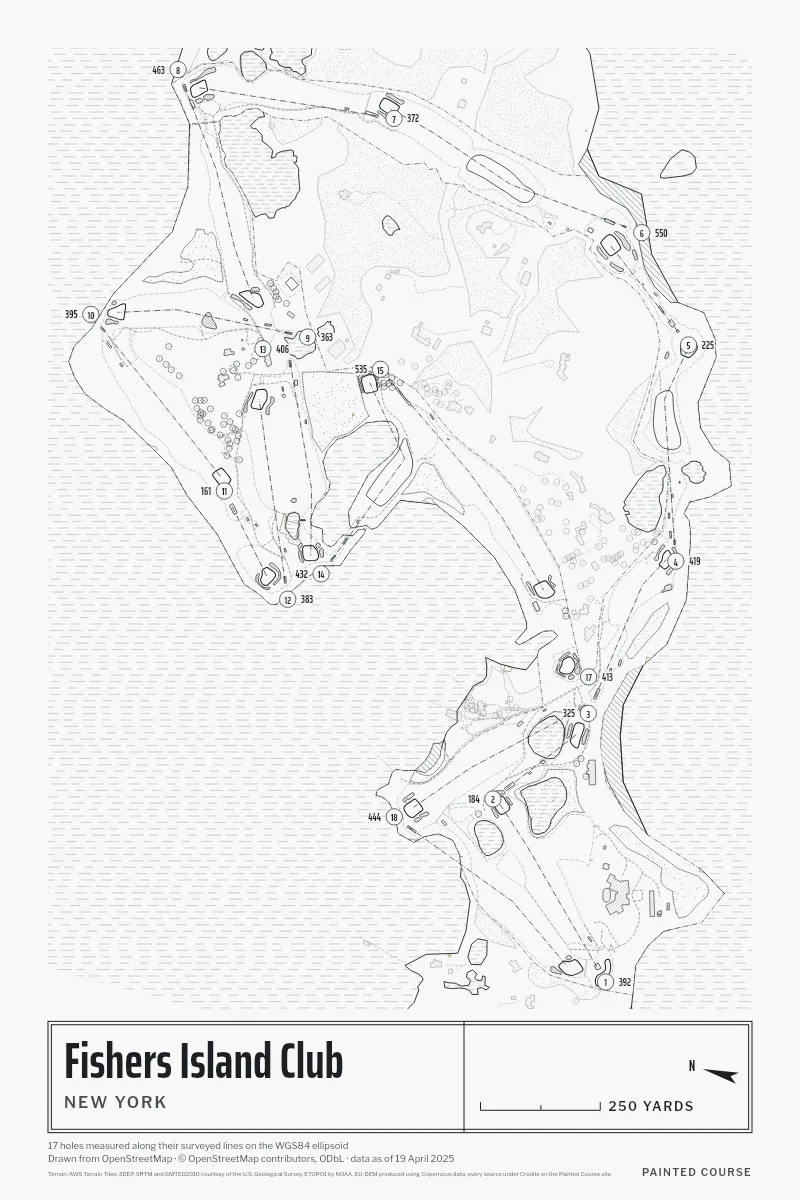 Fishers Island Club, New York, USA, drawn in the Architect style from its OpenStreetMap survey: 17 holes, each numbered at its tee with its measured yards beside it.