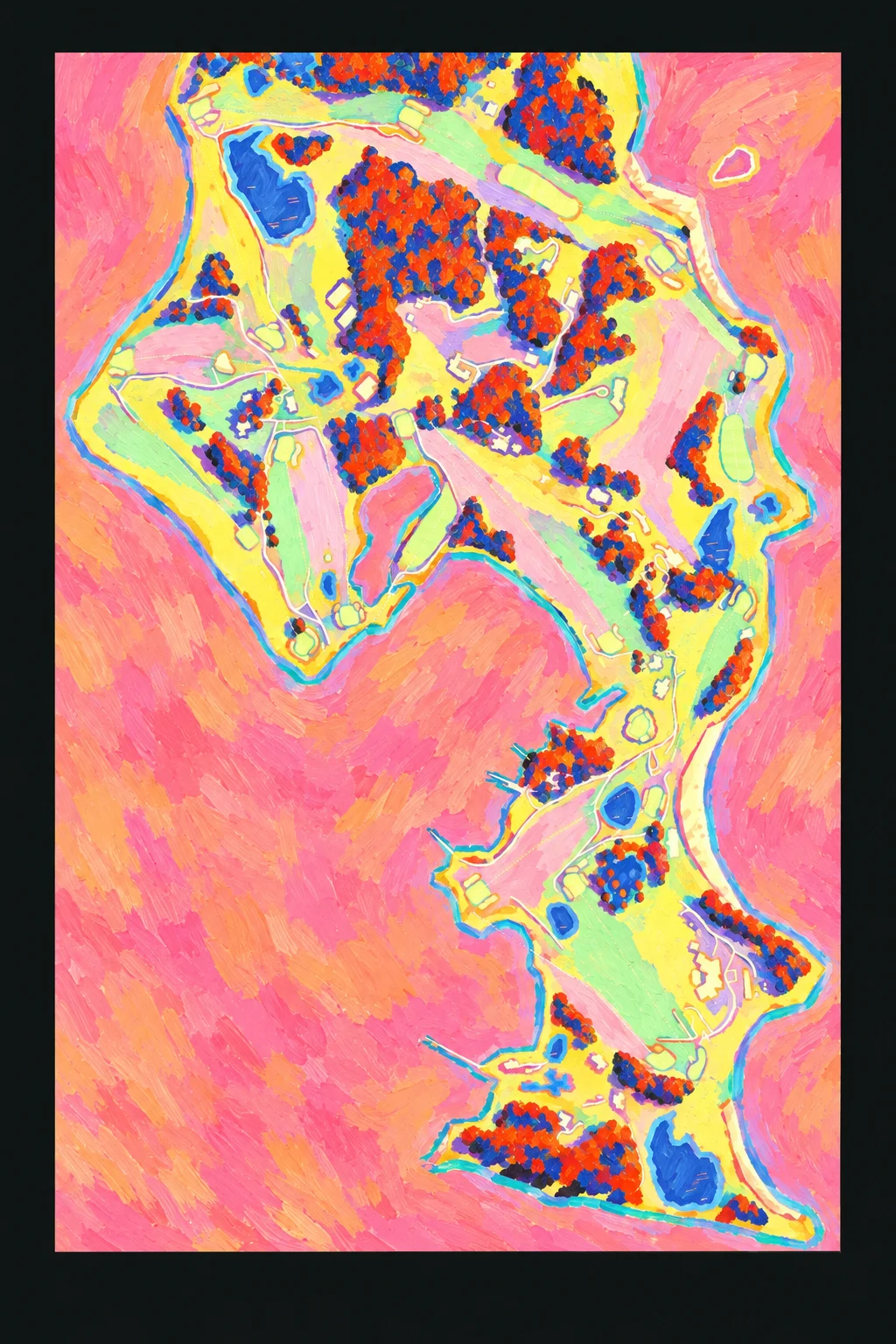 Fishers Island Club, New York, USA, seen from above and painted in the Fauve manner after the Fauves of 1905: the routing of its 17 holes, its greens and its bunkers, in paint.