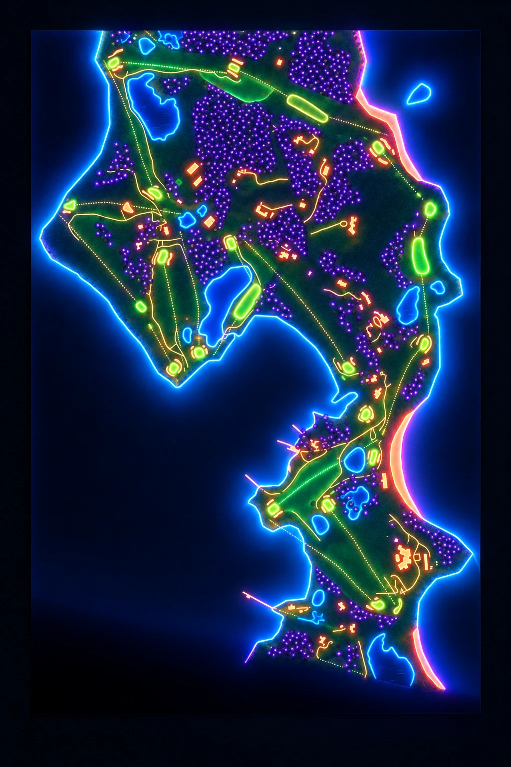 Fishers Island Club, New York, USA, seen from above and painted in the Neon manner: the routing of its 17 holes, its greens and its bunkers, in paint.