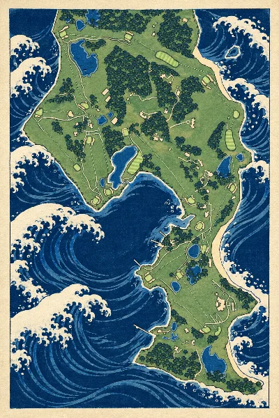 Fishers Island Club, New York, USA, drawn in the Gilt style from its OpenStreetMap survey: 17 holes, each numbered at its tee with its measured yards beside it.
